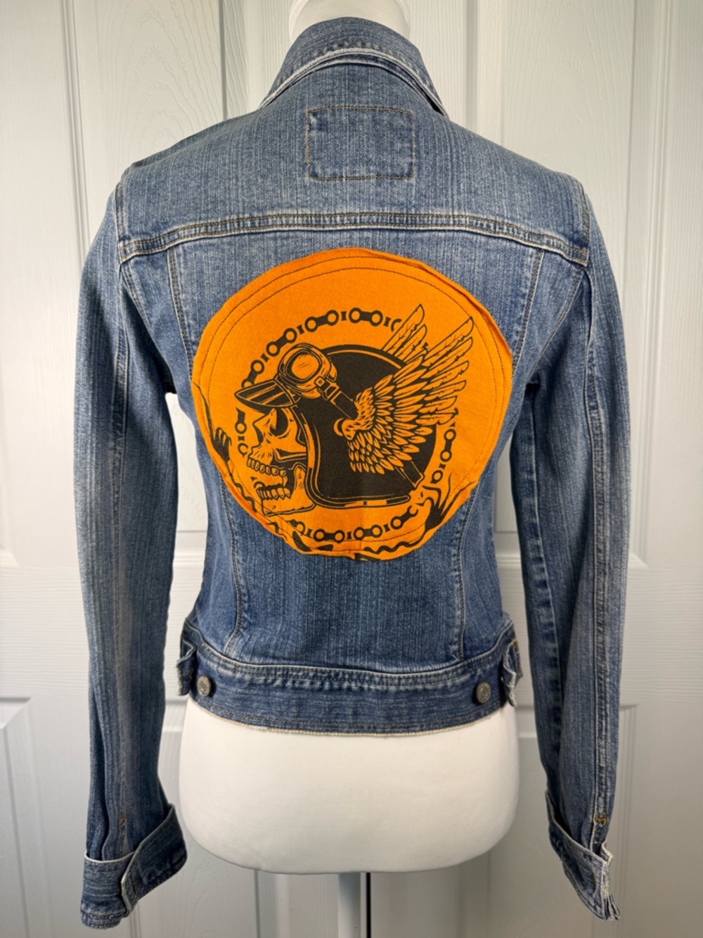 Y2K Hollister Blue Denim Jacket with Bold Orange Winged Skull Patch bike week
